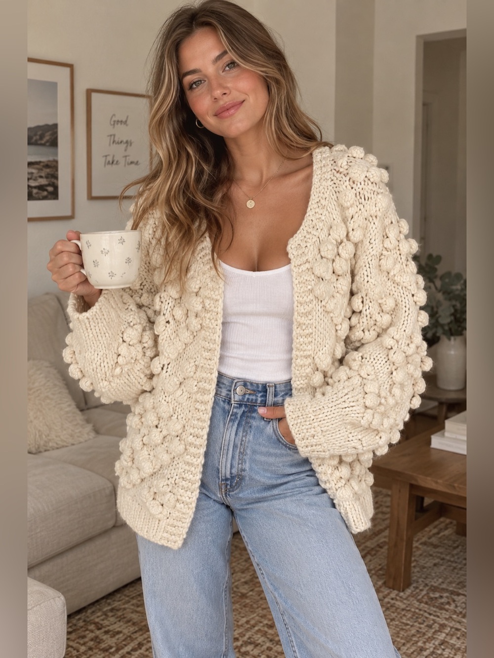 Chicwish Knit Your Love Pom Pom Cardigan Cream Wool Chunky Heart Sweater M/L